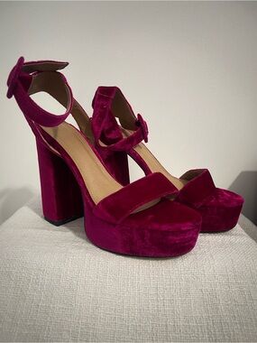 Fuchsia Velvet Platform Block Heel Sandals
